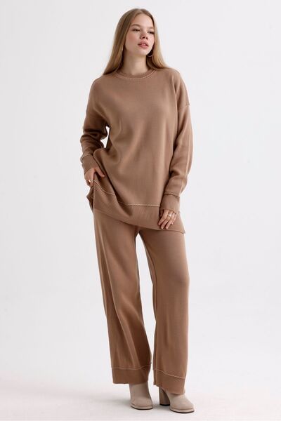 MD trend Women's Oversize Knitwear Set - Stripe Detailed Sweater and Slit Trousers