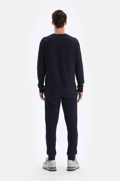 Dagi Marineblaues Langarm-Waffel-Sweatshirt – Rundhalsausschnitt