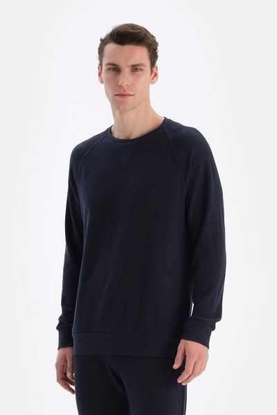 Dagi Marineblaues Langarm-Waffel-Sweatshirt – Rundhalsausschnitt