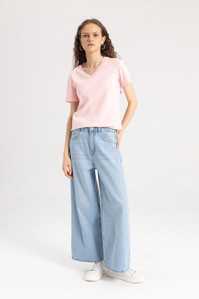 DeFacto Žebrované tričko Slim Fit s výstřihem do V – krátký rukáv, I1080az24sm