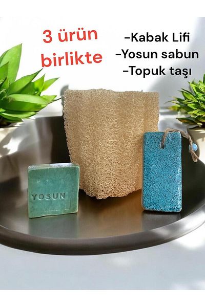 ASLANCAN 3 Piece Natural Pumpkin Fiber and Seaweed Soap Set - Pumice Heel Stone, Peeling