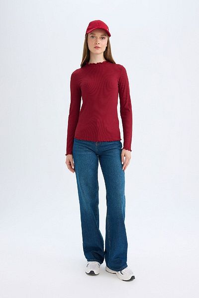 DeFacto Ribbed Burgundy Camisole T-Shirt - Half Turtleneck, Long Sleeve B2389Ax24Au