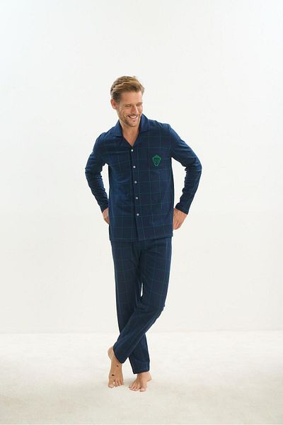 Sevim Σετ ανδρικές πιτζάμες Navy Blue - Μακρύ μανίκι, γιακάς πουκάμισου, μπροστινά κουμπιά C2T1N5O9