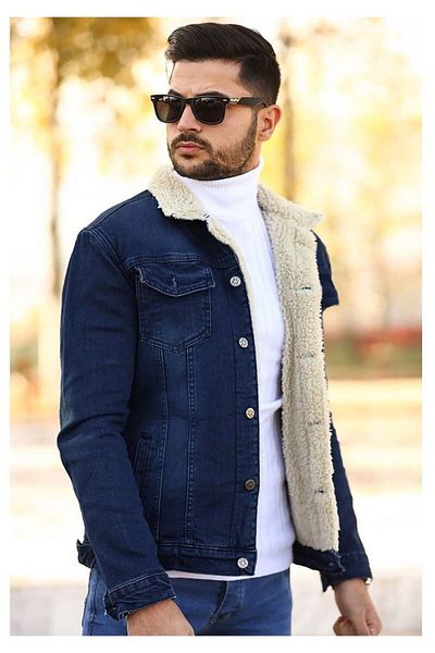 Cuqq Denim Мъжко прилепнало дънково яке с кожена подплата тъмносиньо