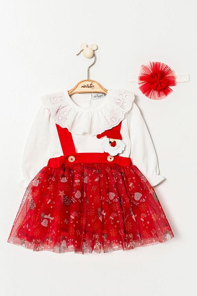 MİNİBORN Red Long Sleeve Newborn Girl Dress - Tulle Printed Christmas Concept Set