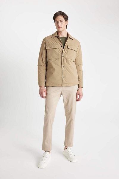DeFacto Men's Beige Water Repellent Slim Fit Slim Fit Shirt Collar Snap Closure Puffer Coat with Pockets D1230Ax24Wn