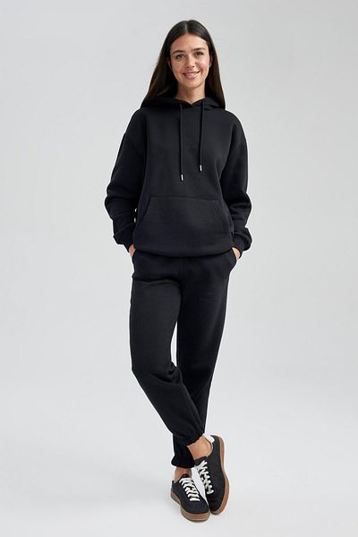 DeFacto Relax Fit Kapuzen-Kängurutasche, dickes, lässiges, schlichtes, schwarzes Sweatshirt W8071az23wn