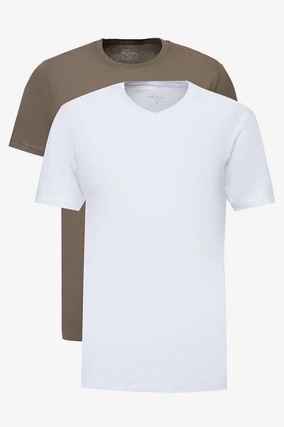AC&Co / Altınyıldız Classics Ανδρικό Slim Fit WHITE-KHAKI Πακέτο με 2 βαμβακερά μπλουζάκια