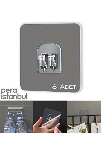 Pera İstanbul 8 Adet Süper Güçlü Şeffaf Çerçeve Askısı Lekesiz Duvar Yapışkanı Mutfak Banyo Raf Tutucu Aksesuarı