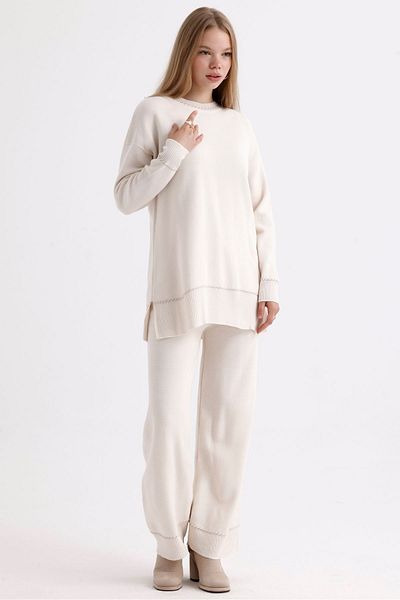 MD trend Women's Oversize Knitwear Set - Stripe Detailed Sweater and Slit Trousers