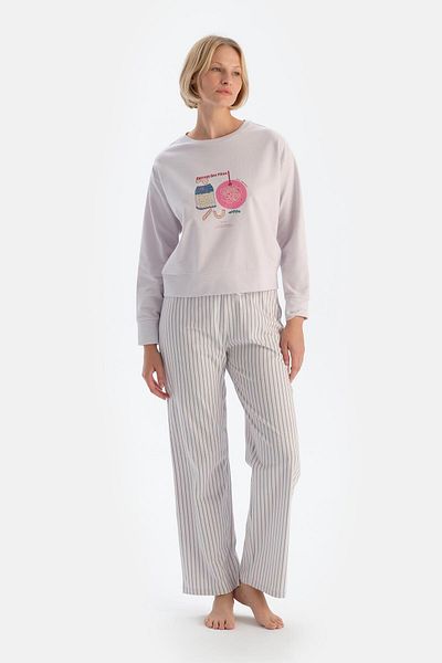 Dagi Long Sleeve Light Lilac T-Shirt and Trousers Pajama Set - Print Detailed