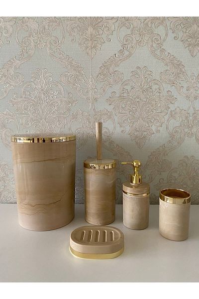 Trend Banyo Mutfak طقم حمام كريمي بنمط رخامي / حامل فرشاة المرحاض، سائل - موزع صابون صلب، سلة المهملات، حامل فرشاة الأسنان