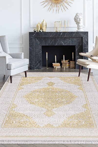 Kervansaray Home Kervansaray Çerçeveli Krem Gold Renk Modern Halı Oturma Odas...