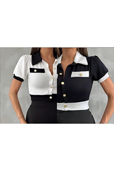 Brood Κοντό μανίκι με κουμπιά πόλο με κρυφή τσέπη Crop-μπλούζα