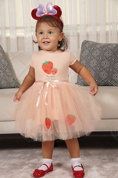 neocotton Çilek Baskılı Kız Çocuk Elbise Katlı Tüllü Astarlı Üst Kısım Ribana...
