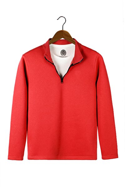 VEAVEN Erkek Açık Kırmızı Yarım Fermuarlı Basic Düz Sweatshirt
