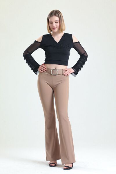 Sense Knitted Fabric Flare Leg Belted Trousers - Mink Pnt32439
