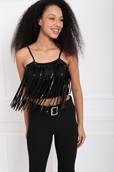 Sense Steel Fabric Tank Top with Tassels on the Front and Straps| Atlt33145 Black