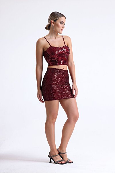 Sense Sequined Pencil Skirt Claret Red