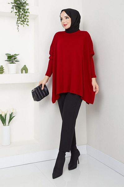 MODAMERSİ Red Hijab Oversize Women's Knitwear Sweater
