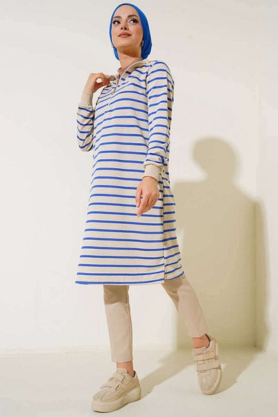 Egelite Knee Length Zippered Thin Striped Hijab Tunic - Women's Long Seasonal