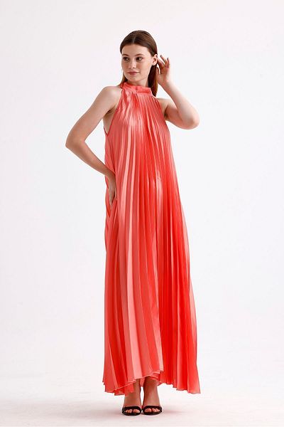 Sense Rochie din satin plisată cu decolteu în formă de coral - Imprimare digitală, fără mâneci |   Elb34513