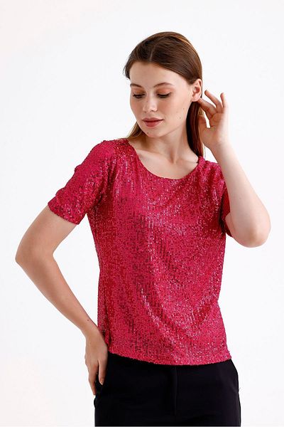 Sense Fuchsia Short Sleeve Sequined Evening Dress Blouse - Blz35540