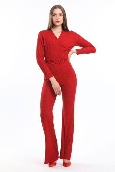 Sense Double-breasted Glitter Knitted Crepe Evening Dress Jumpsuit| Tlm34170 Red