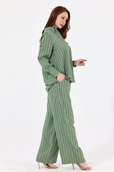 Sense Thin Striped Viscose Trousers - Elastic Waist, Side Pockets and Laces| Pnt35465 Green