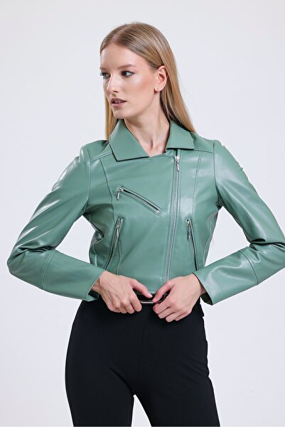 Sense Штучна шкіра з блискавкою, мотоциклетна куртка | CKT34499 Плісняво-зелена