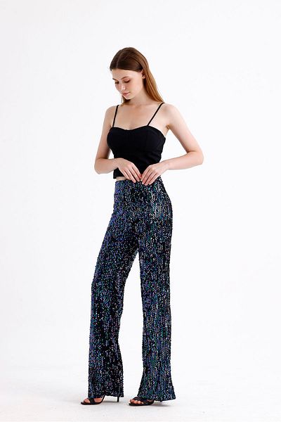 Sense Wide Leg and Sequined Elastic Evening Trousers - Pnt33970 Black-Yellow