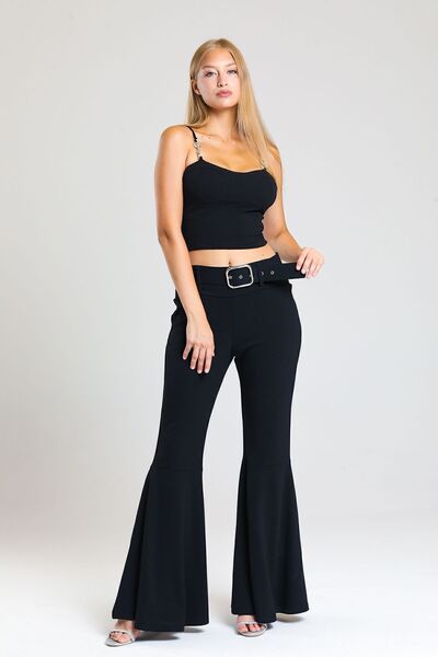 Sense Kumaş Kaplama Kemerli Diz Altı Volanlı Pike Pantolon | Pnt32971 Siyah