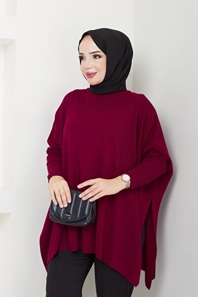 MODAMERSİ Claret Red Hijab Knitwear Oversize Slit Women's Sweater