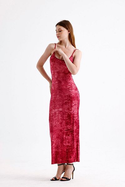 Sense Φόρεμα μπορντό Tie-Dye Lycra Viscose - Λεπτομέρεια με σχισμή και κρεμάστρα |   ELB35782