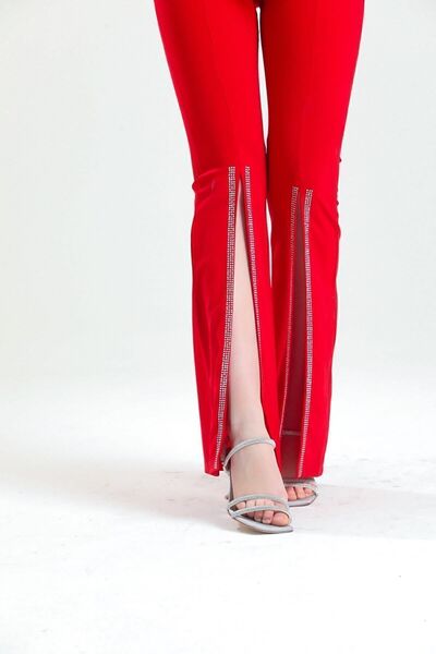 Sense Stone Detailed Scuba Crepe Evening Dress - Red Trousers with Belt and Legs| Pnt34185