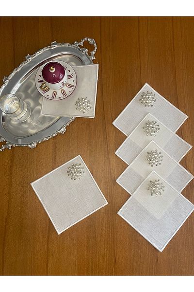 Smiling Home 6 Pieces Linen Ecru Color Square Cocktail Serving Napkin with Pearls
