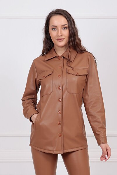 Sense Buttoned U Sleeve Leather Shirt with Front Pocket Gml33163 Tan