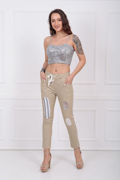 Sense Pantaloni cu șireturi și paiete și petice Pnt32061 bej