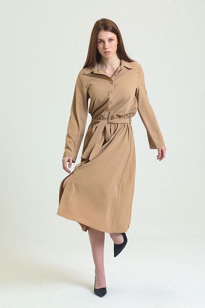 Sense Φόρεμα Polo Neck με κουμπιά μπροστά και ζώνη μακρυμάνικο Aerobin |   Elb33577 Βιζόν