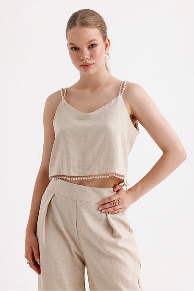 Sense Beige Blouse and Trousers Set - Pearl Detail, Tkm35863