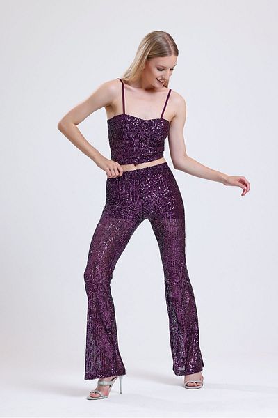 Sense Pantaloni cu paiete cu paiete cu talie elastică căptușiți |   Pnt32488 Violet
