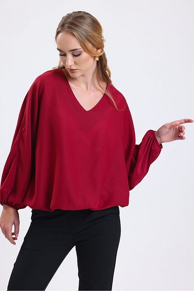 Sense Bluză Jesika cu guler și elastic la capătul fustei |   Blz34815 Roșu Claret
