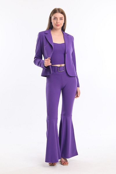 Sense Curea acoperită cu material textil, pantaloni piqué cu volan sub genunchi |   Pnt32971 Liliac