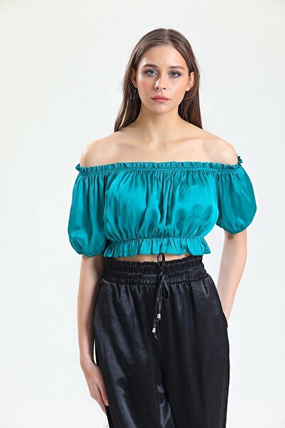 Sense Σατέν μπλούζα με γιακά και φούστα με λάστιχο με κορδόνια και ελαστική κολάγη |   Blz34216 Πράσινο