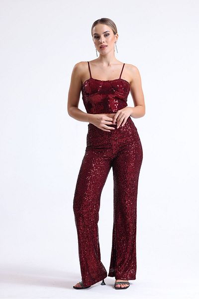 Sense Elastic Waist Sequin Evening Dress Trousers| Pnt35233 Claret Red