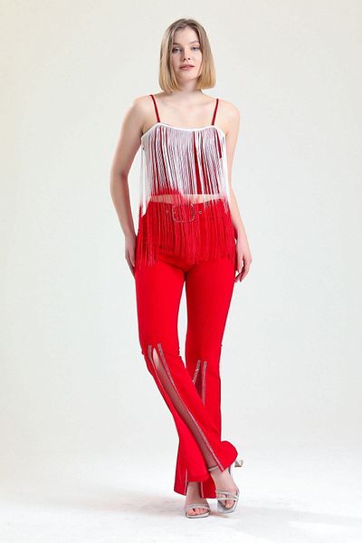 Sense Stone Detailed Scuba Crepe Evening Dress - Red Trousers with Belt and Legs| Pnt34185