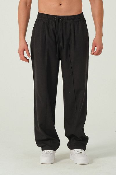 RELAXL 4 Seasons Extra Loose Black Linen Trousers - Loose Long Leg and Striped Pleated
