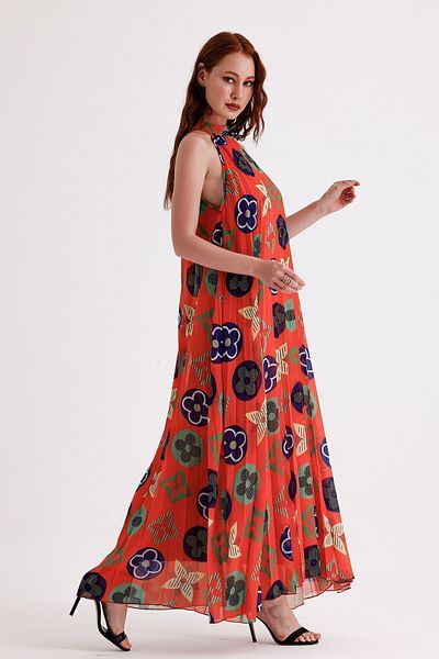 Sense Rochie de seară din șifon plisată și cu model - căptușită, lungă, portocalie |   ELB35127SF