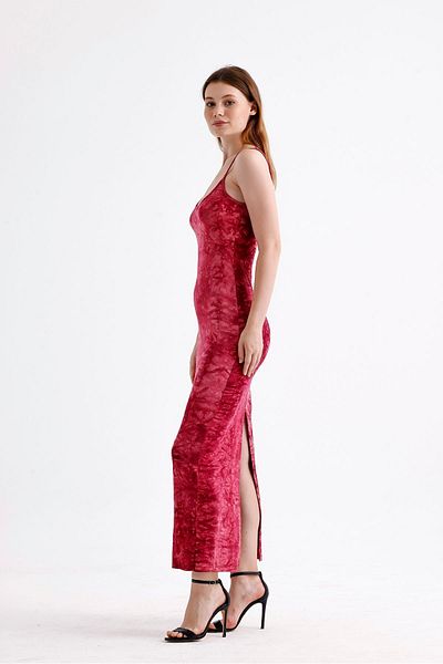 Sense Φόρεμα μπορντό Tie-Dye Lycra Viscose - Λεπτομέρεια με σχισμή και κρεμάστρα |   ELB35782