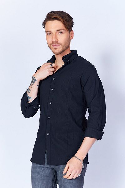 MAN EDITION Flexible Lycra Black Long Sleeve Shirt - Slim Fit| Ee100133008-3008